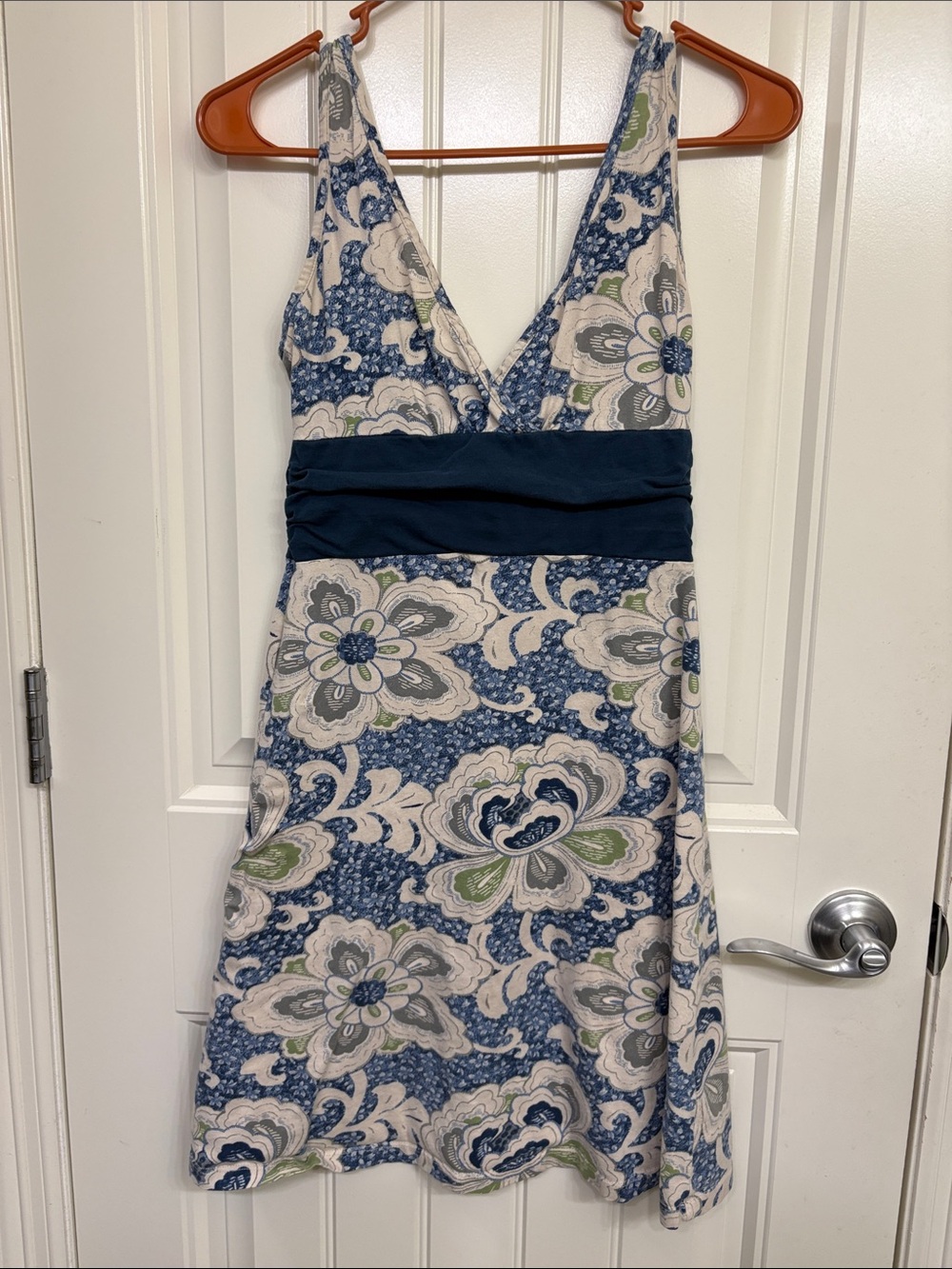 Patagonia Floral V-Neck Dress in Blue and Cream with Navy Waistband